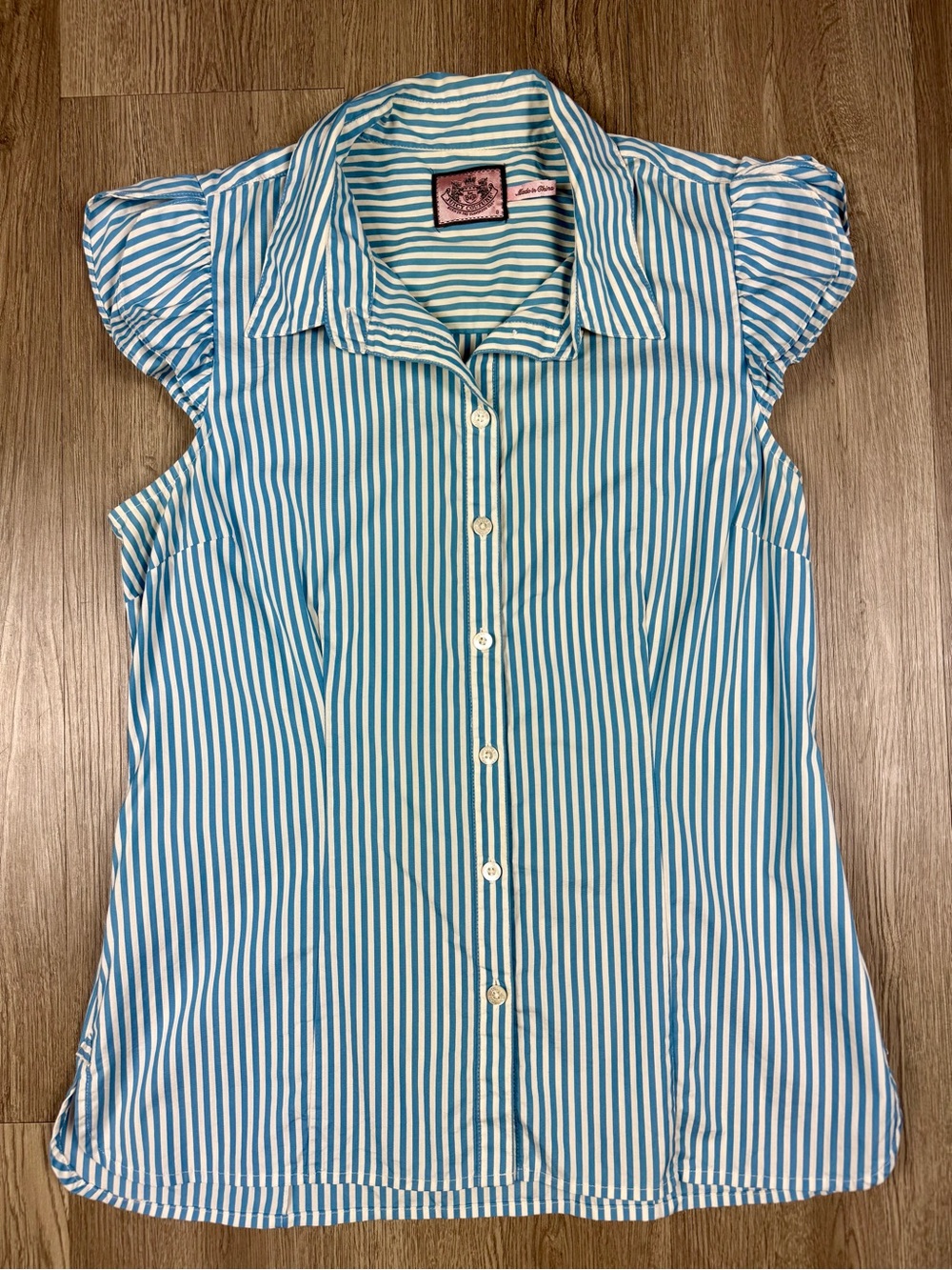 Vintage Y2K Juicy Couture Blue Stripe Puff Sleeve Blouse Top Preppy Coquette 8 M